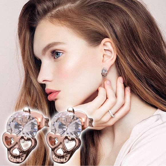 Earrings Skulls Rhinestone Hearts with Rose Gold Tone Studs Small Unisex - Picture 2 of 6